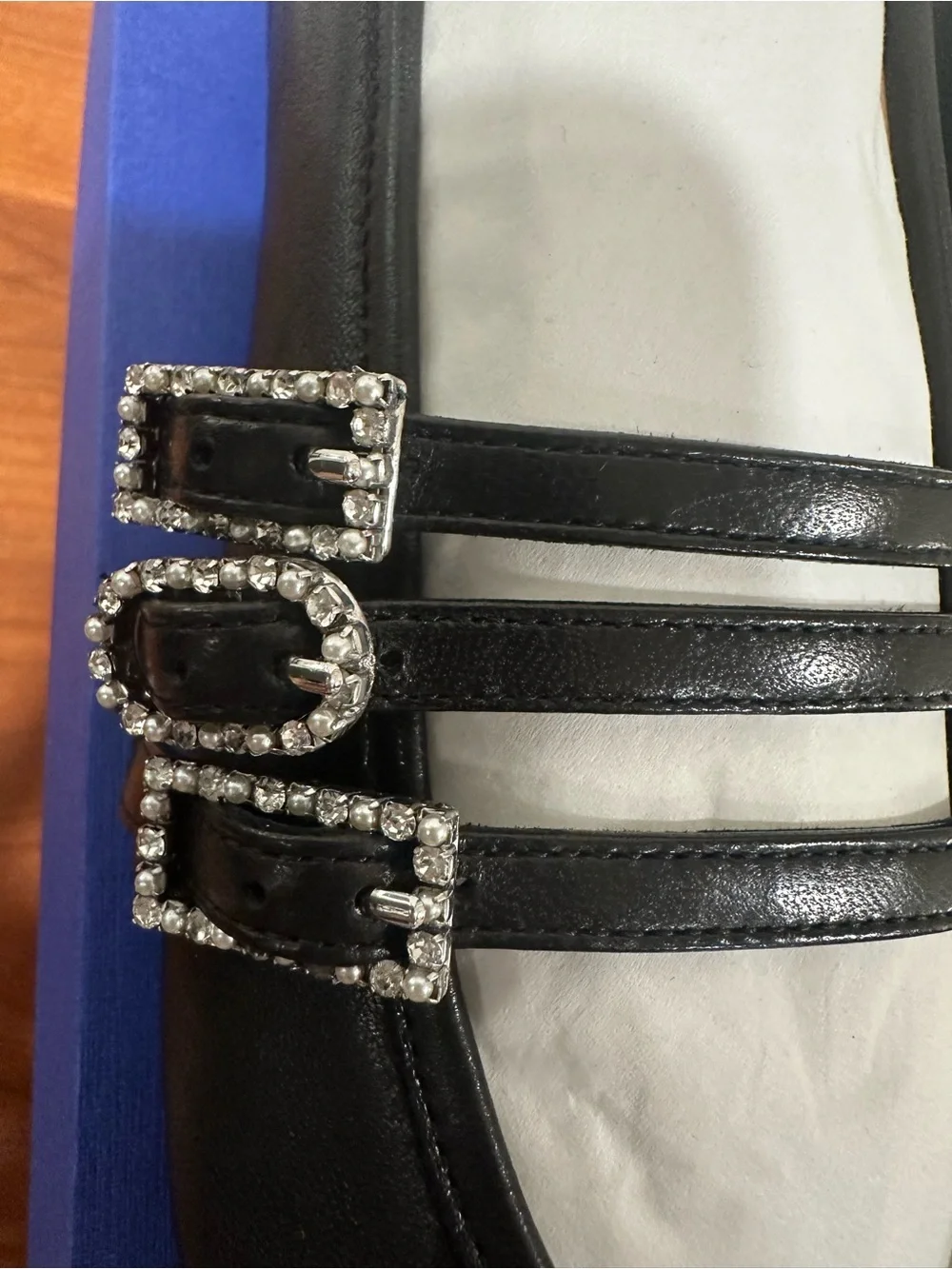 Stuart Weitzman Black Triple-Strap Ballet Flats with Rhinestone Buckles
